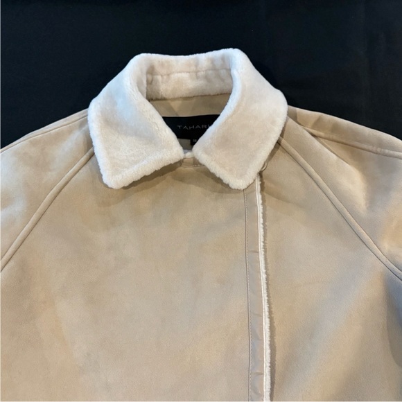 Tahari Sz 10/12 Faux Suede Long Trench Coat, Cream Fur Trim women’s large - Picture 8 of 16